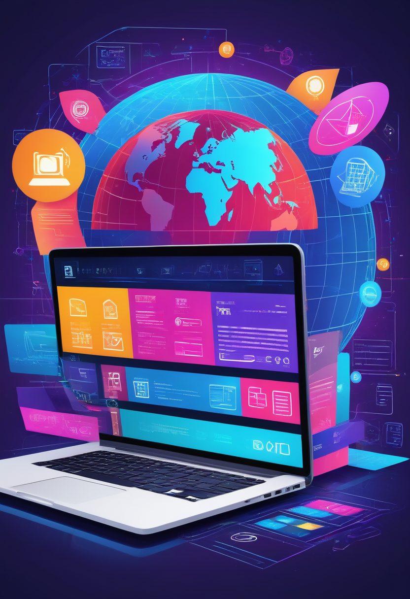 A dynamic collage of web development elements: a sleek laptop displaying a vibrant website homepage, various coding icons (HTML, CSS, JavaScript), a blueprint or sketch pad showing initial design concepts, and a globe representing online presence. The background should transition from a coded matrix to a live website. vector art. vibrant colors.