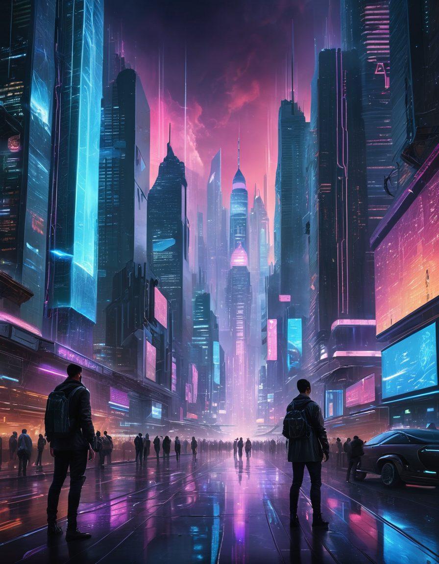A futuristic cityscape with interconnected digital networks and glowing data streams flowing between towering skyscrapers, symbolizing advanced web services. Tech-savvy individuals using various digital devices like laptops, tablets, and smartphones, immersed in their virtual tasks. Holographic interfaces and virtual reality elements highlighting innovation and development. super-realistic. vibrant colors. cyberpunk.