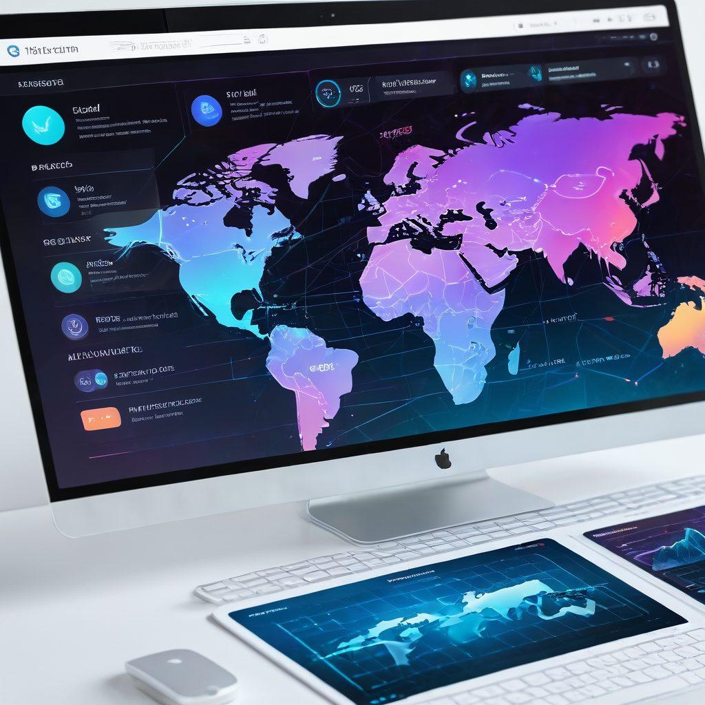 A futuristic web design interface glowing with vibrant holographic elements, showcasing sleek UI/UX features, code snippets, and user interaction icons. Background includes a digital grid and a world map subtly, representing global connectivity. super-realistic. vibrant colors. white background.